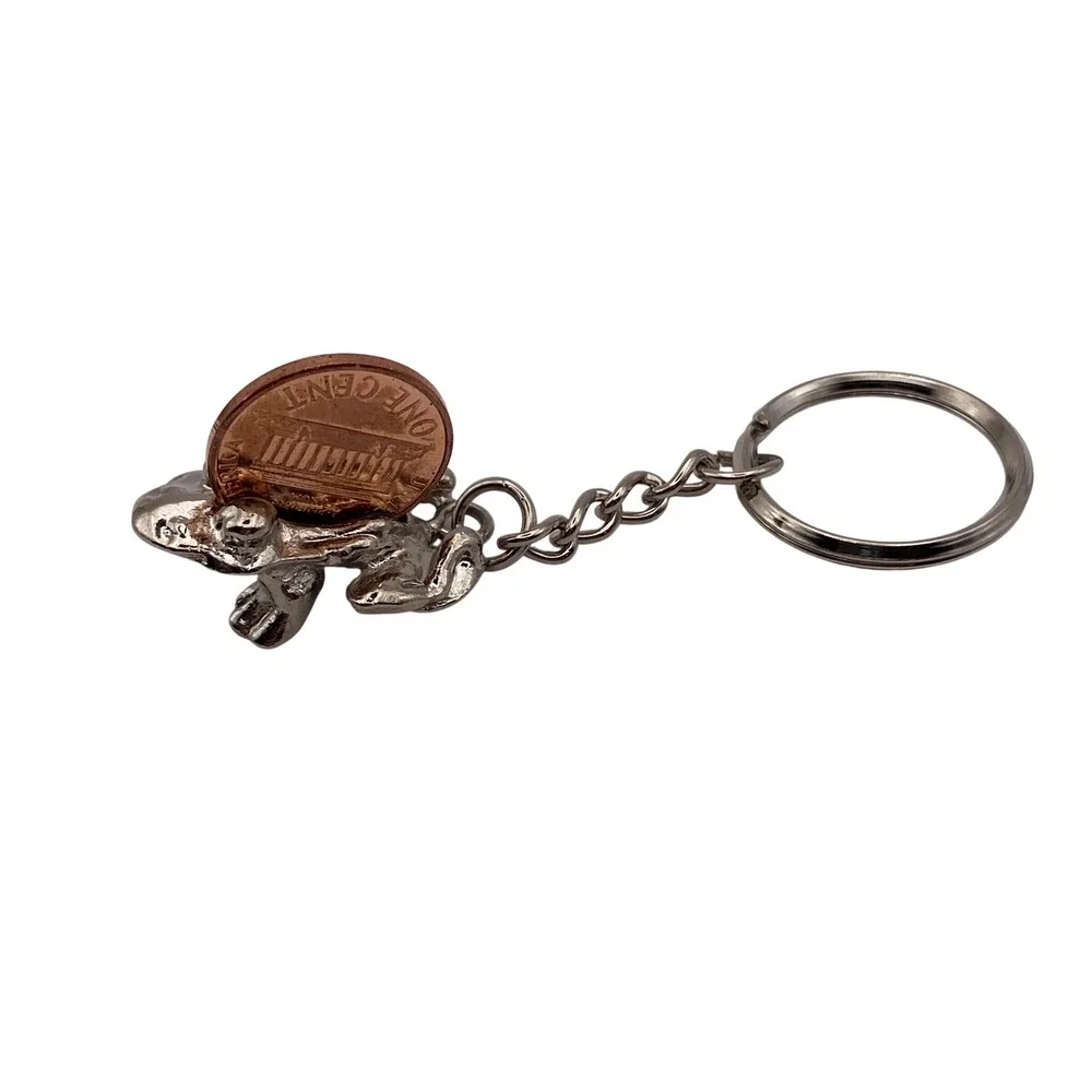 Vintage Pewter Frog Keychain with 1993 Penny Silver Tone Toad Animal Charm